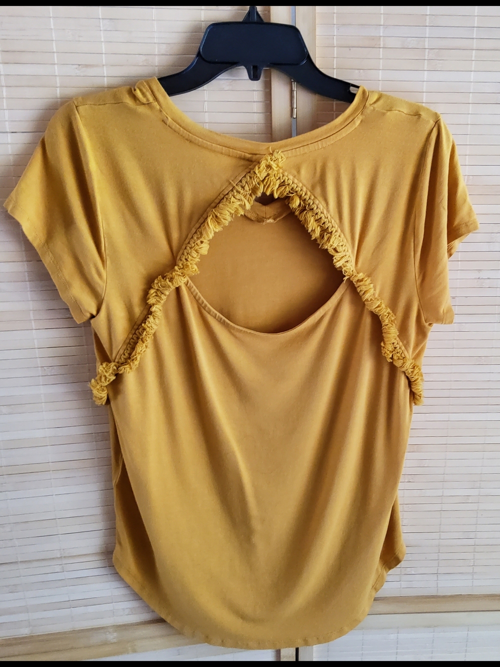 Cupio Mustard Short Sleeve Top with Fringe Back Cutout